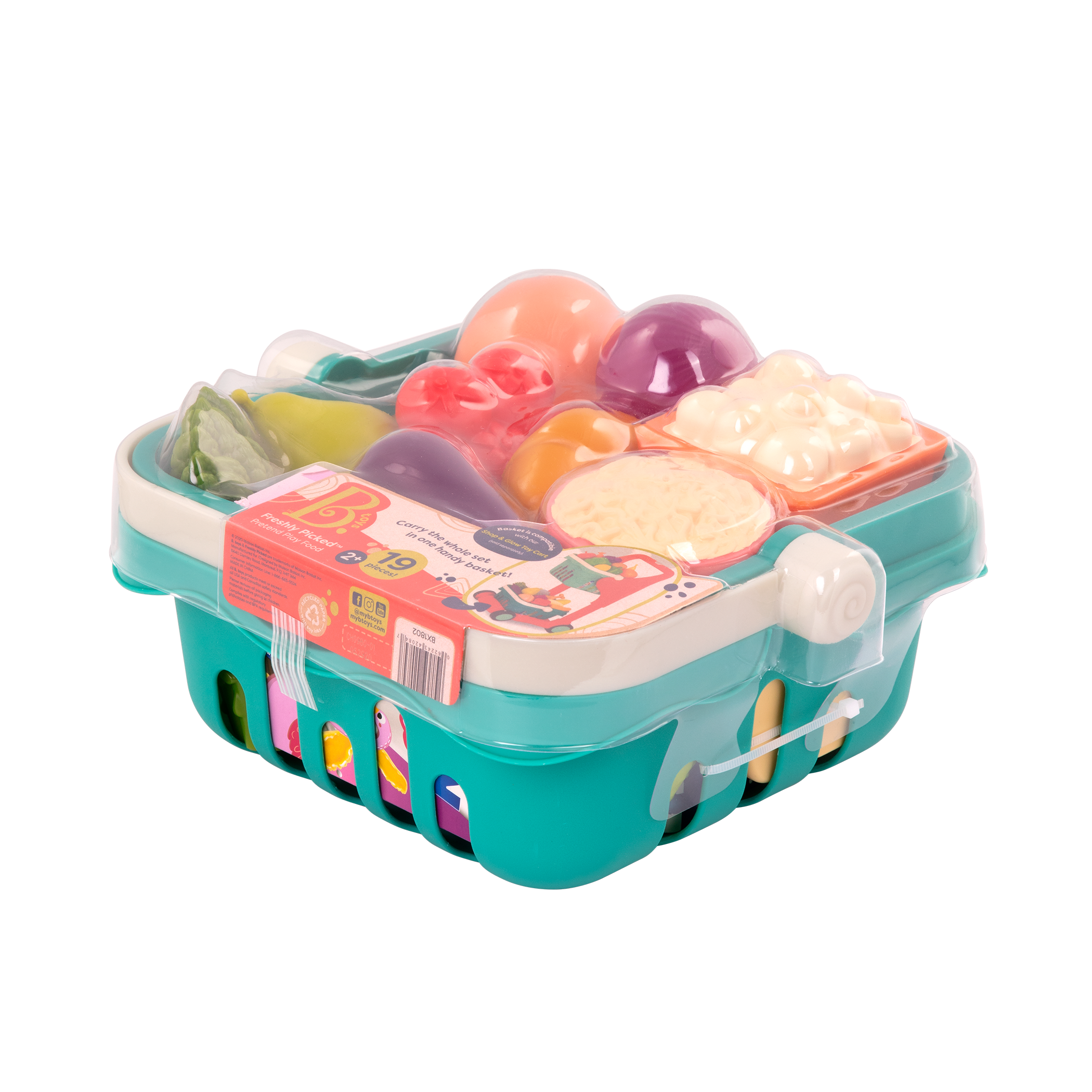 Toy shopping basket with play food.