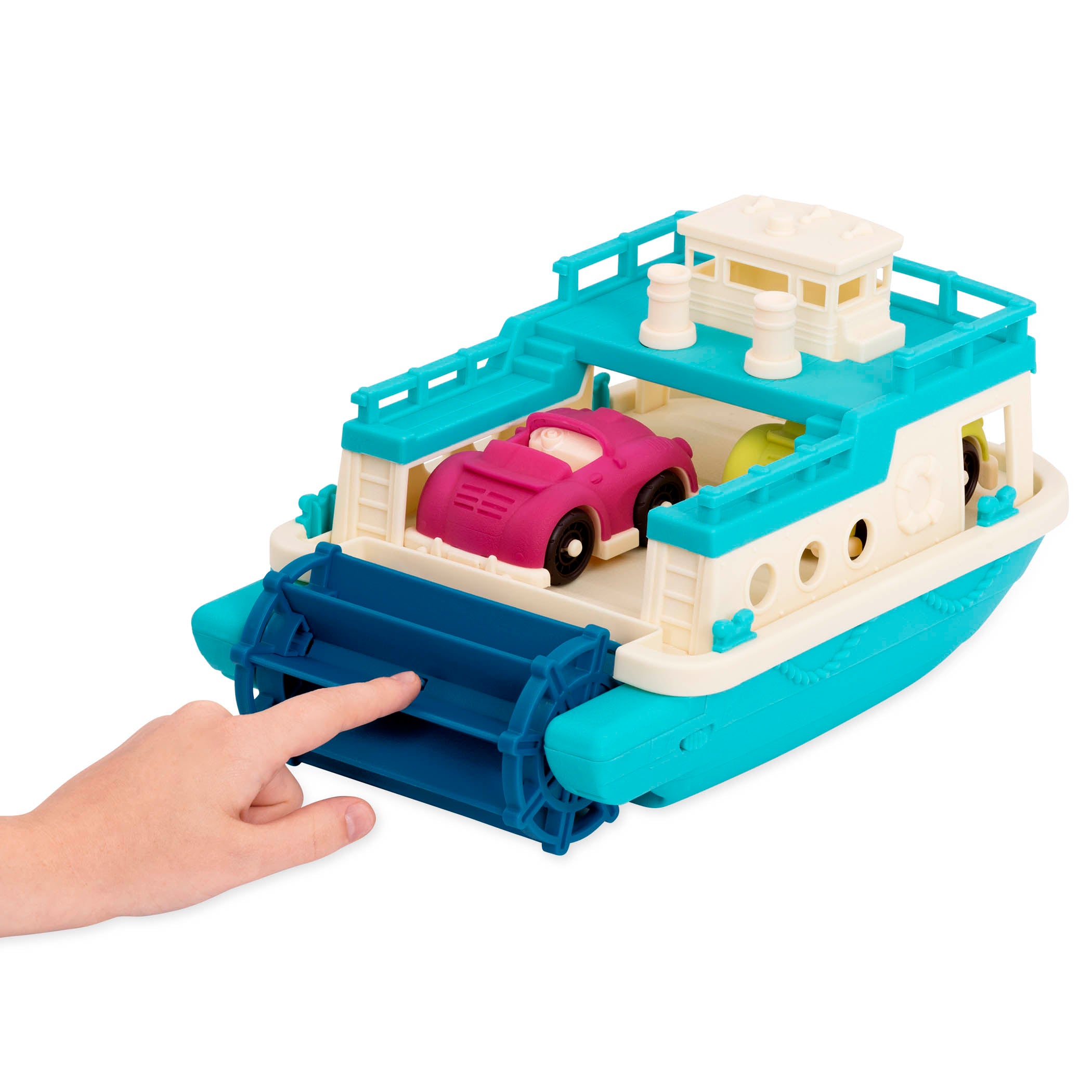 Toy ferry boat with two cars.