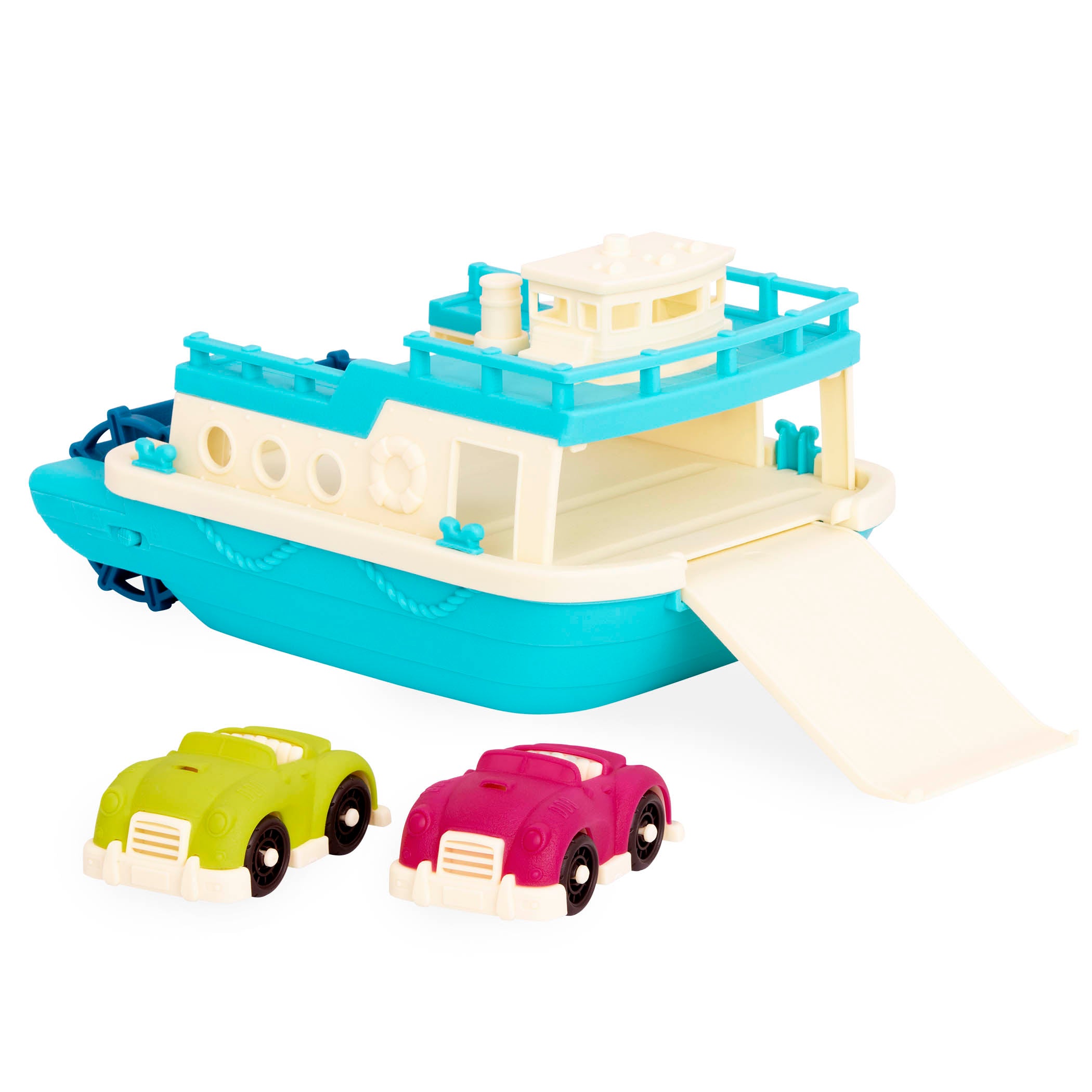 Toy ferry boat with two cars.