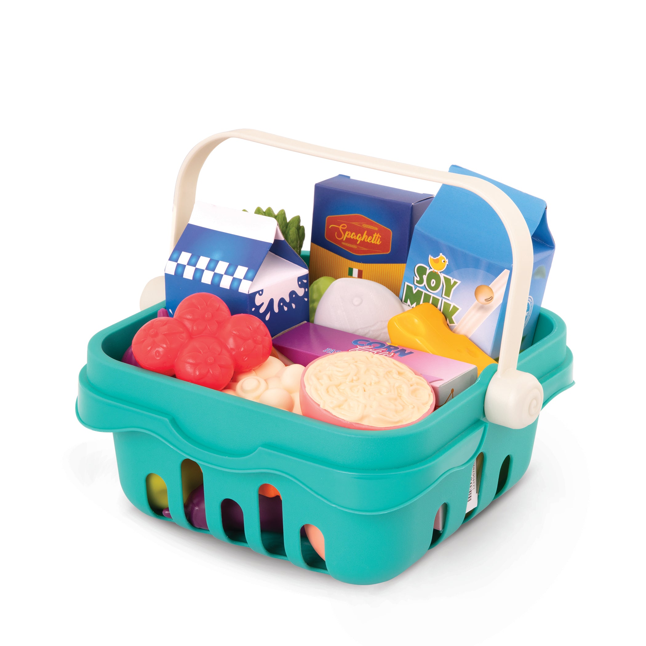 Toy shopping basket with play food.