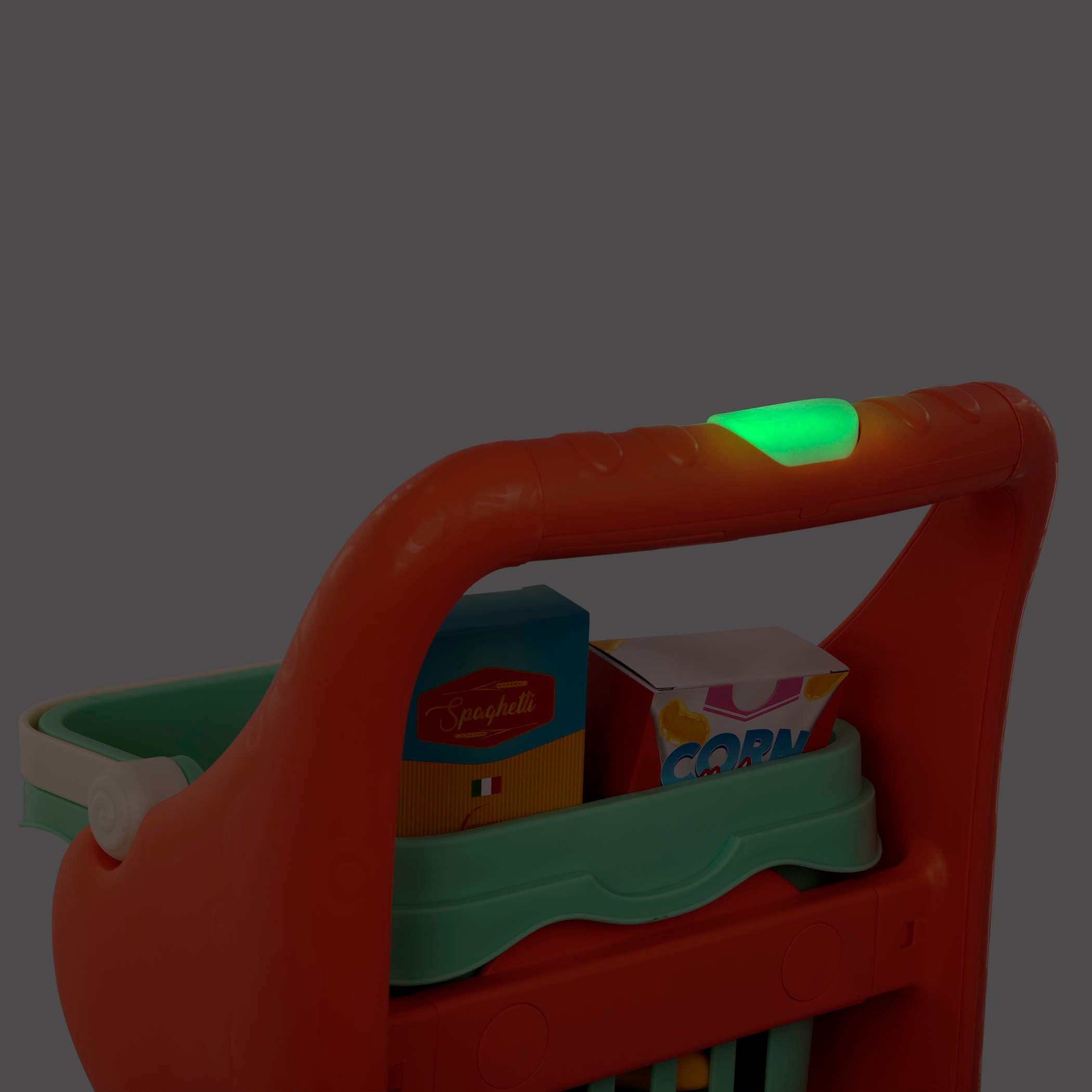 Toy shopping cart with play food.