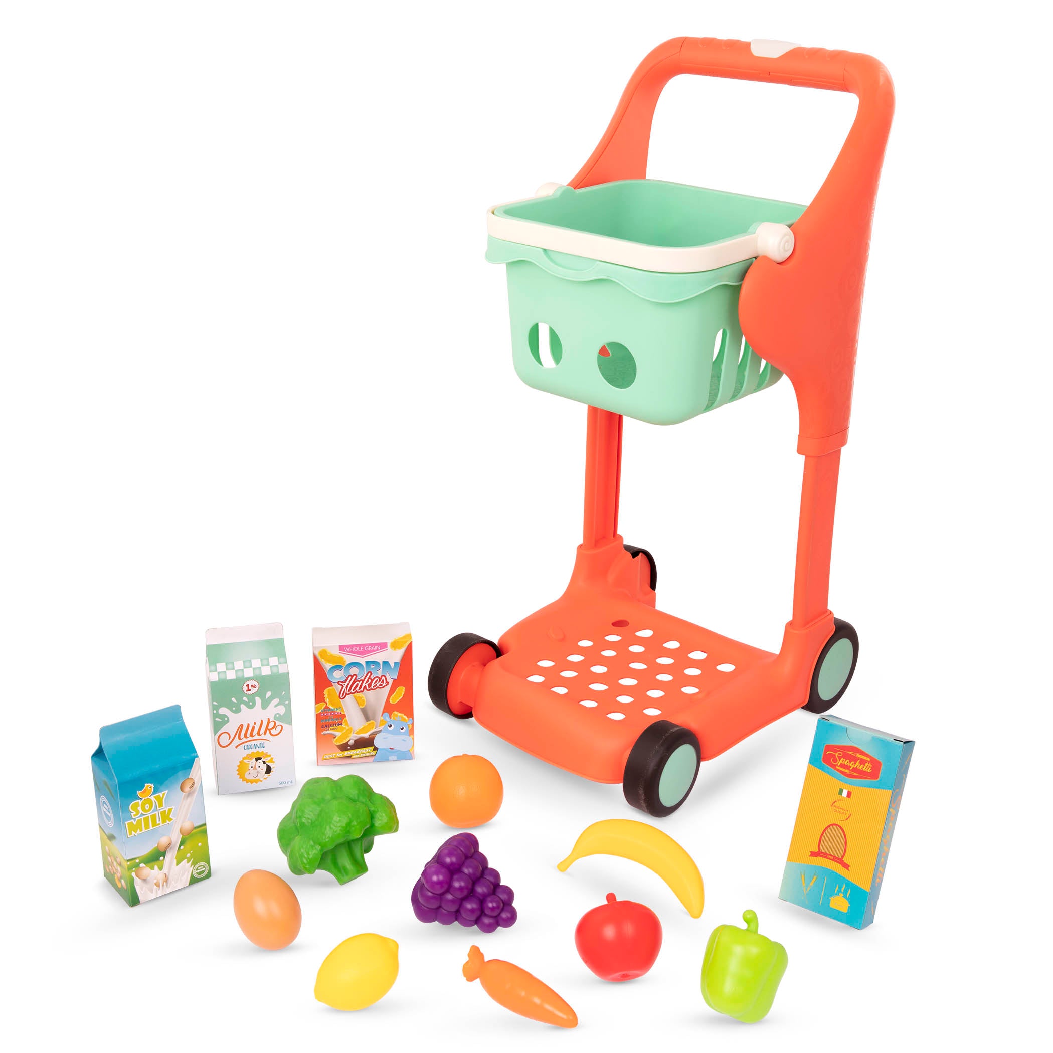 Toy shopping cart with play food.