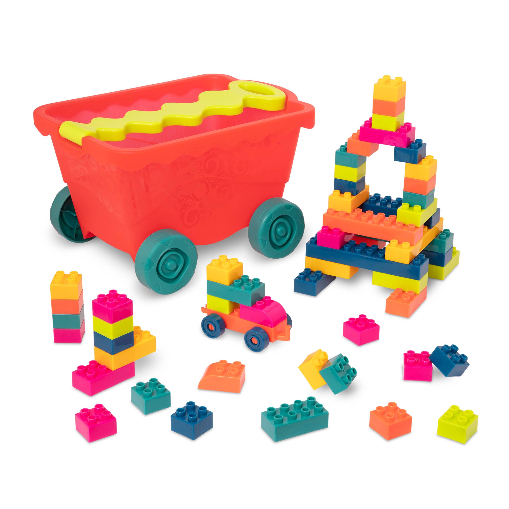 Colorful building blocks and a wagon.