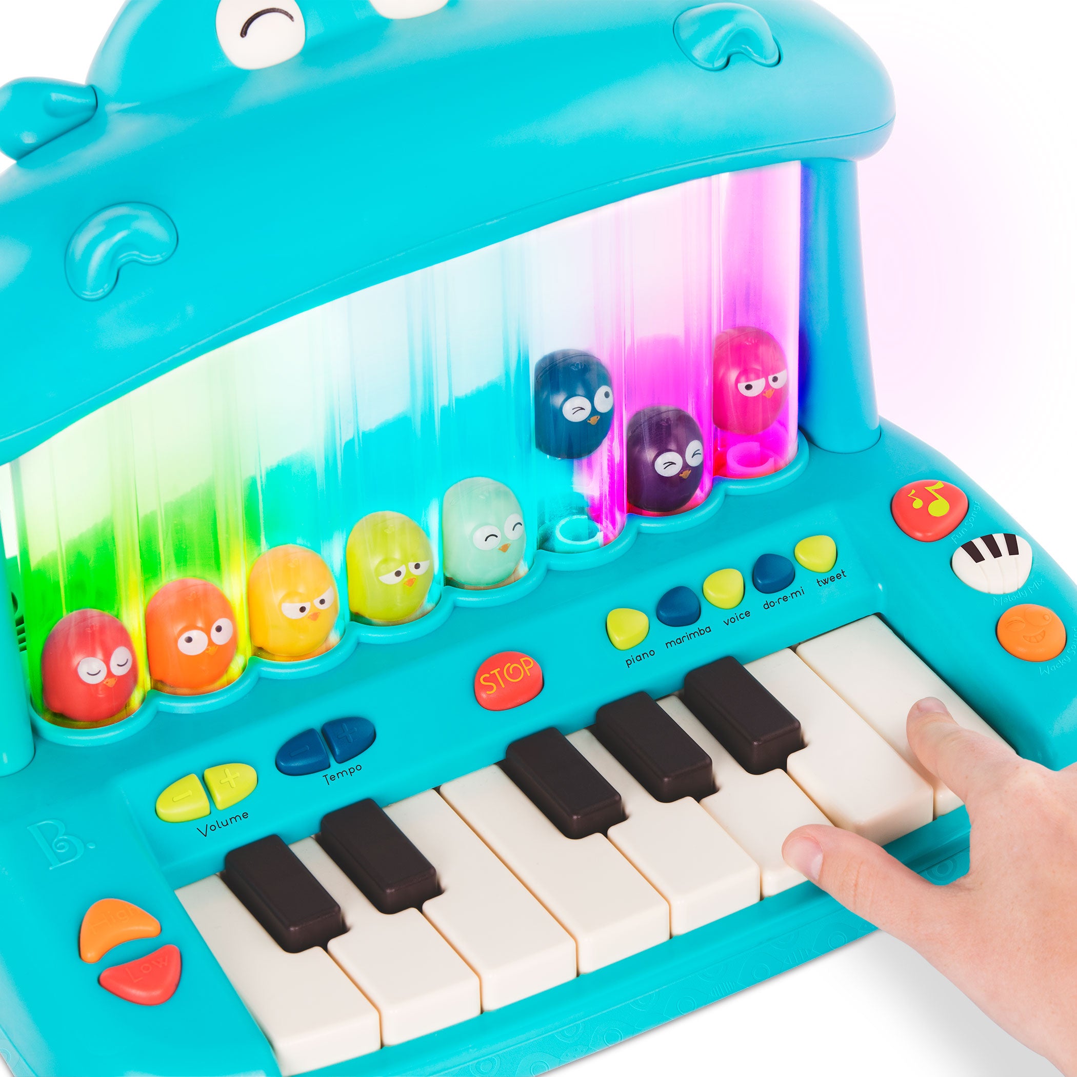 Hippo-shaped play piano for kids with 8 colorful birds.